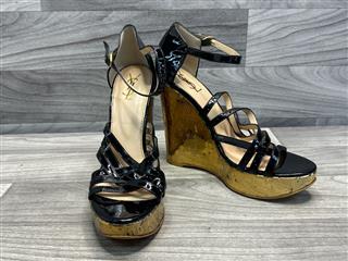 Yves Saint Laurent Black Patent Leather Gold Wedges, Size 42 (US 11)